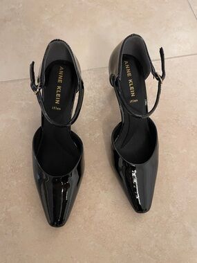 Anne Klein Black Patent Pointed-Toe Ankle-Strap Pumps